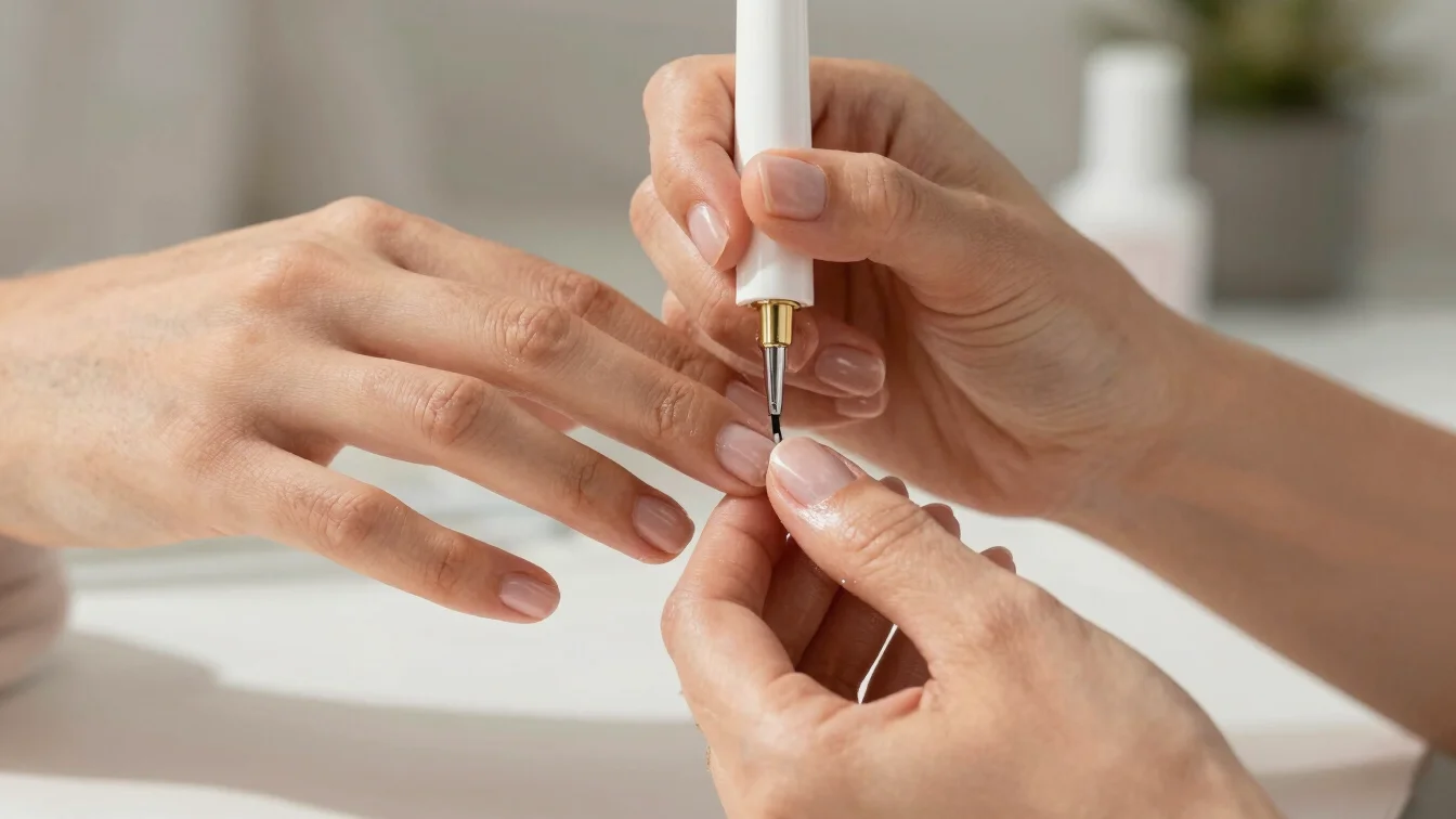 Fotografía editorial de manos de una manicurista trabajando en uñ