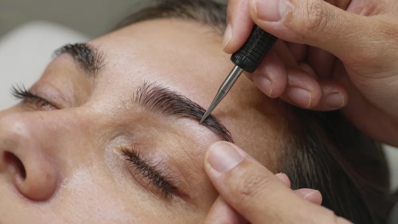 Detalle editorial de una micropigmentación de cejas en proceso, h