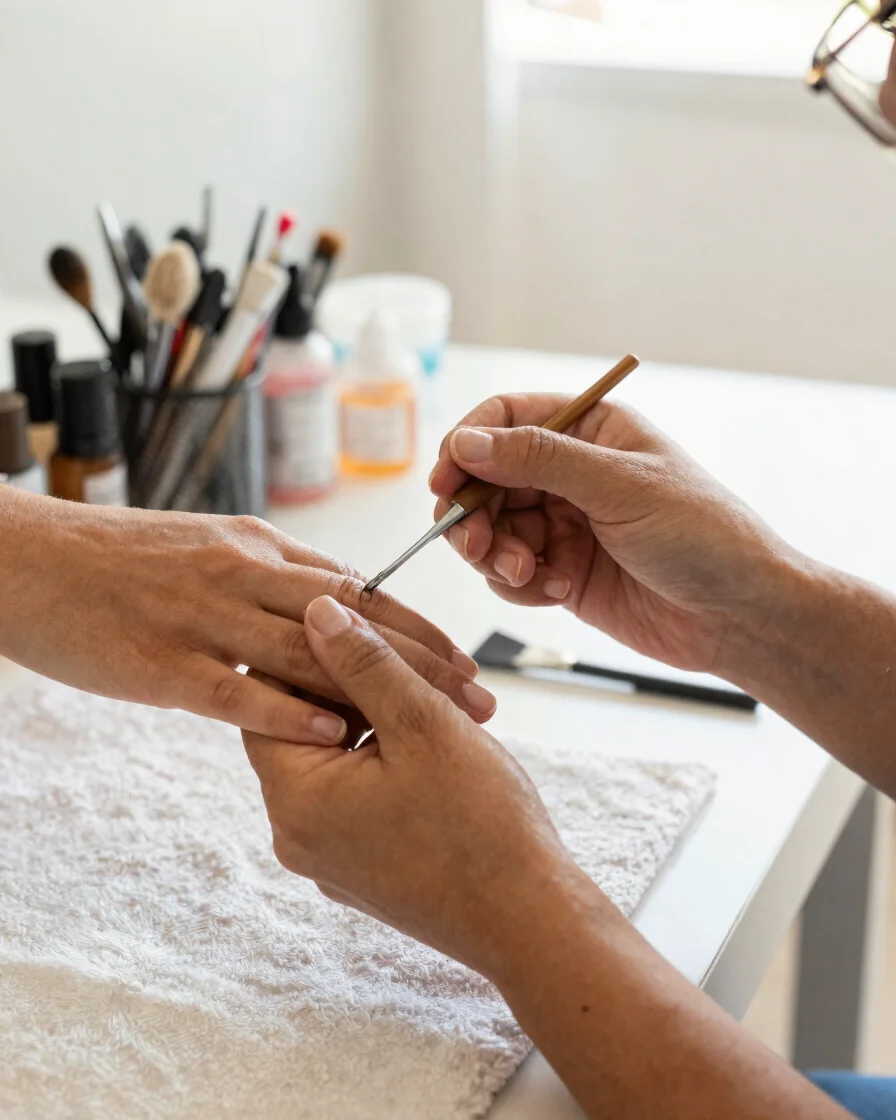 Detalle de manos cuidando uñas con esmalte en un salón de belleza