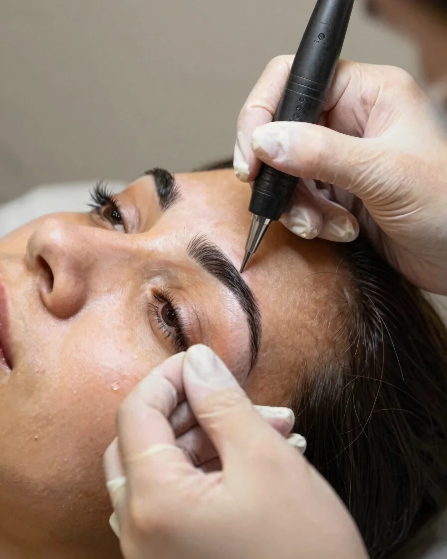 Plano detallado de una técnica de micropigmentación de cejas en u